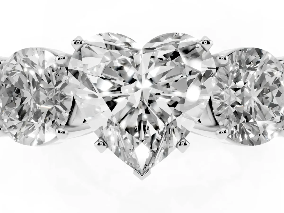 Three-Stone Heart Cut Diamond Ring with Round Side Stones, Classic Band, and Four-Prong Setting Silver