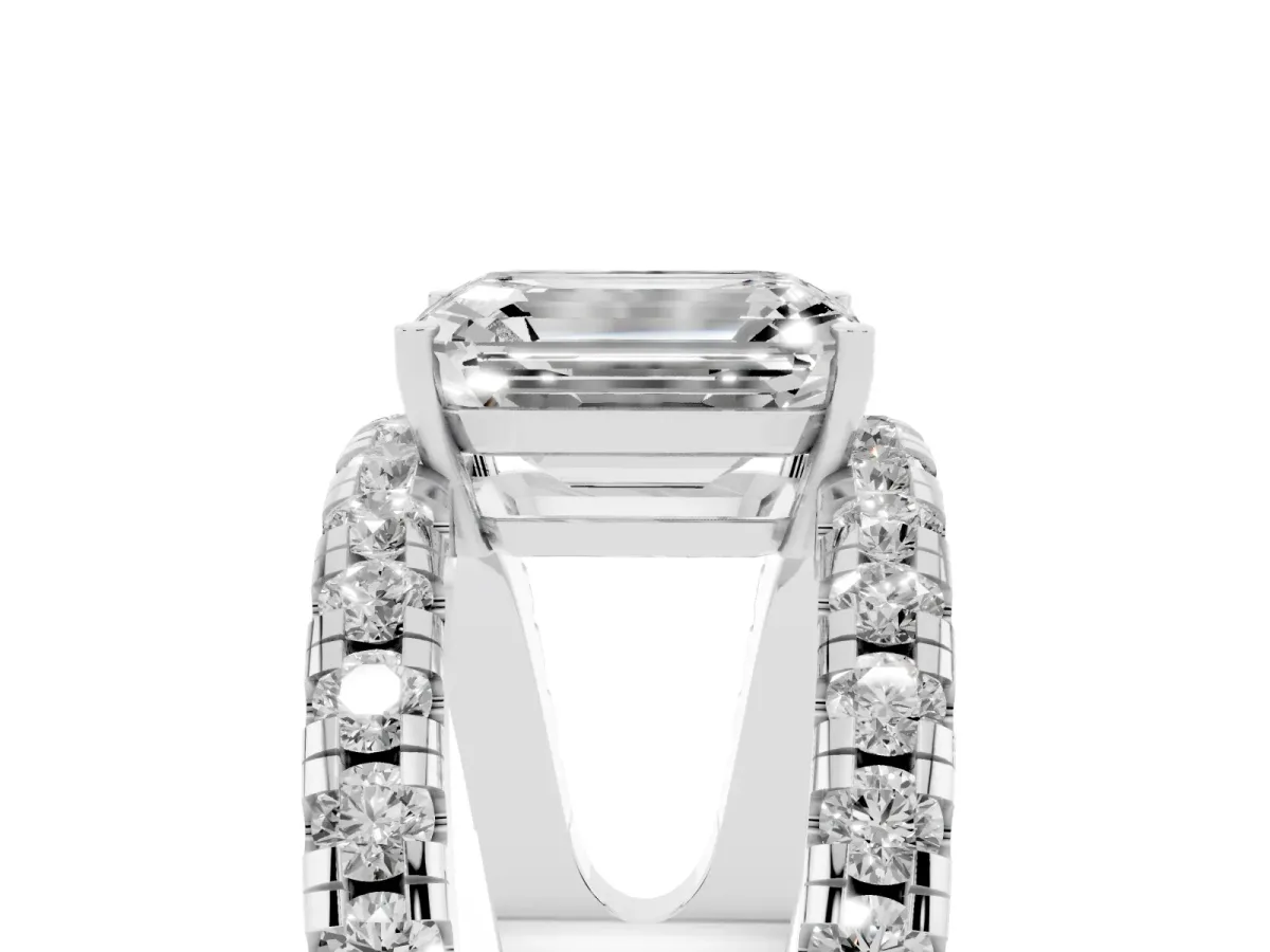 Emerald Cut Solitaire Split Shank Pave Diamond Ring Silver