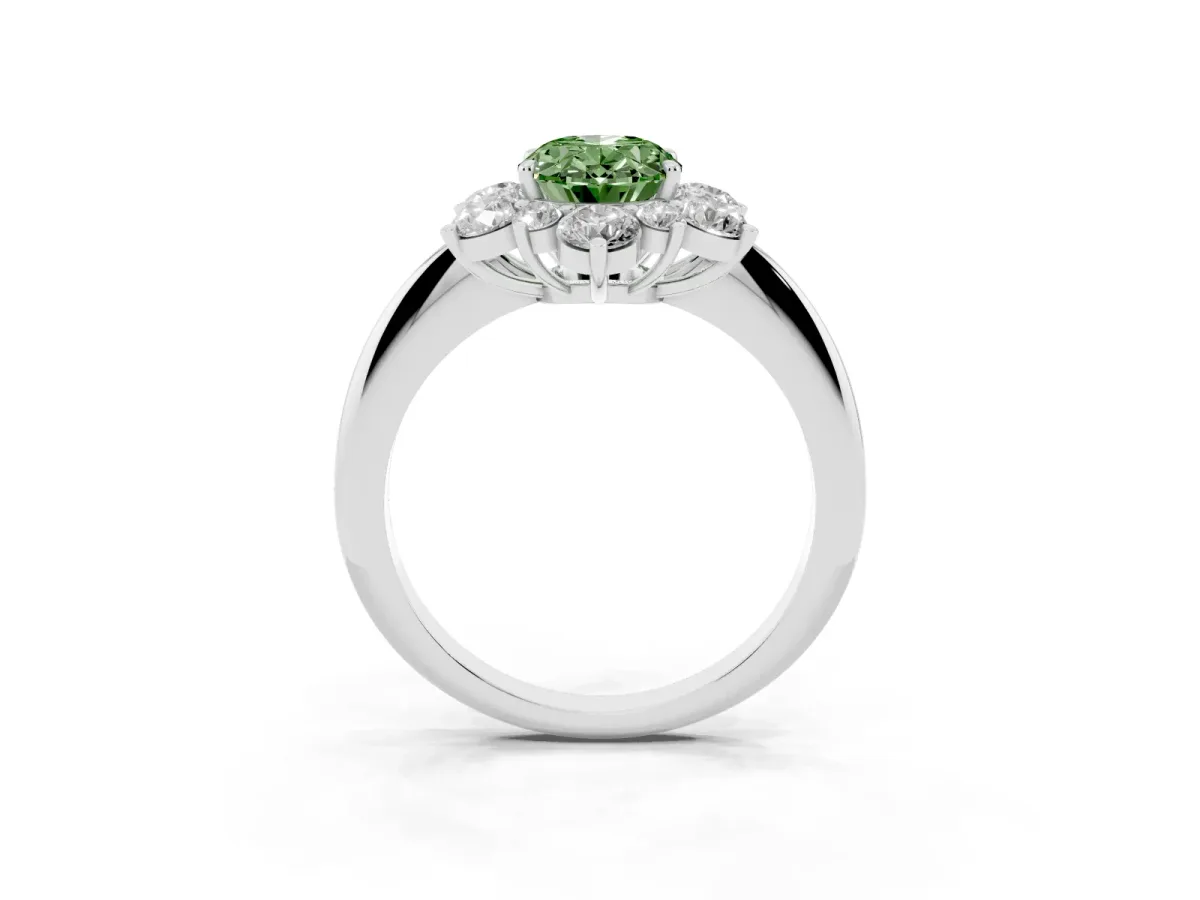 Fancy Green Oval Cut Diamond Cluster Halo Ring with Solitaire Band and Four-Prong Setting Silver