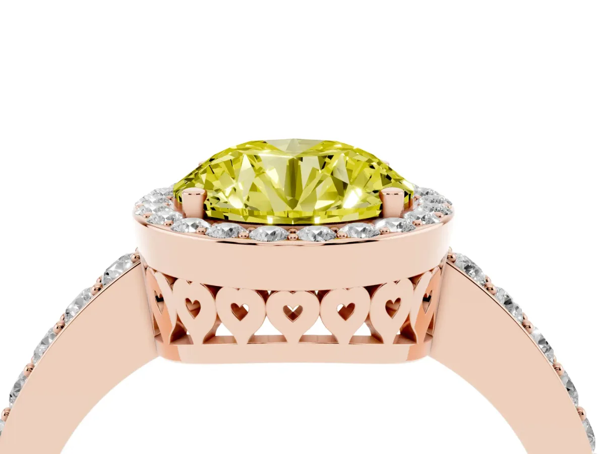 Fancy Yellow Round Cut Halo Diamond Pavé Band Ring with Prong Setting Rose gold