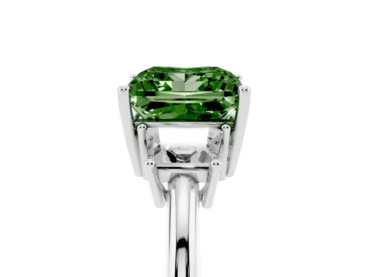 Fancy Green Princess Cut Diamond Three-Stone Ring with Trapezoid Side Stones and Prong Setting Silver