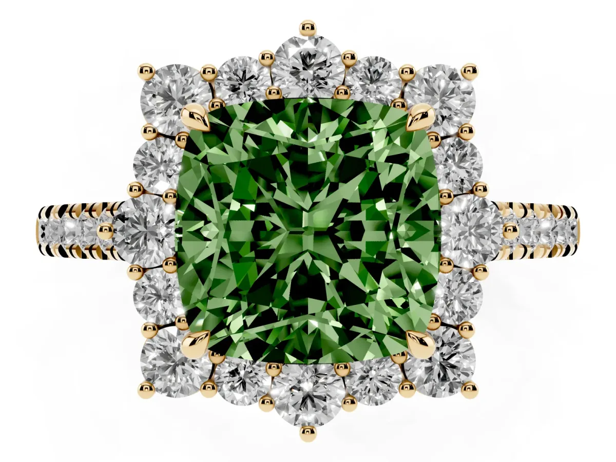 Fancy Green Cushion Cut Halo Diamond Ring with Pavé Band and Prong Setting Yellow gold