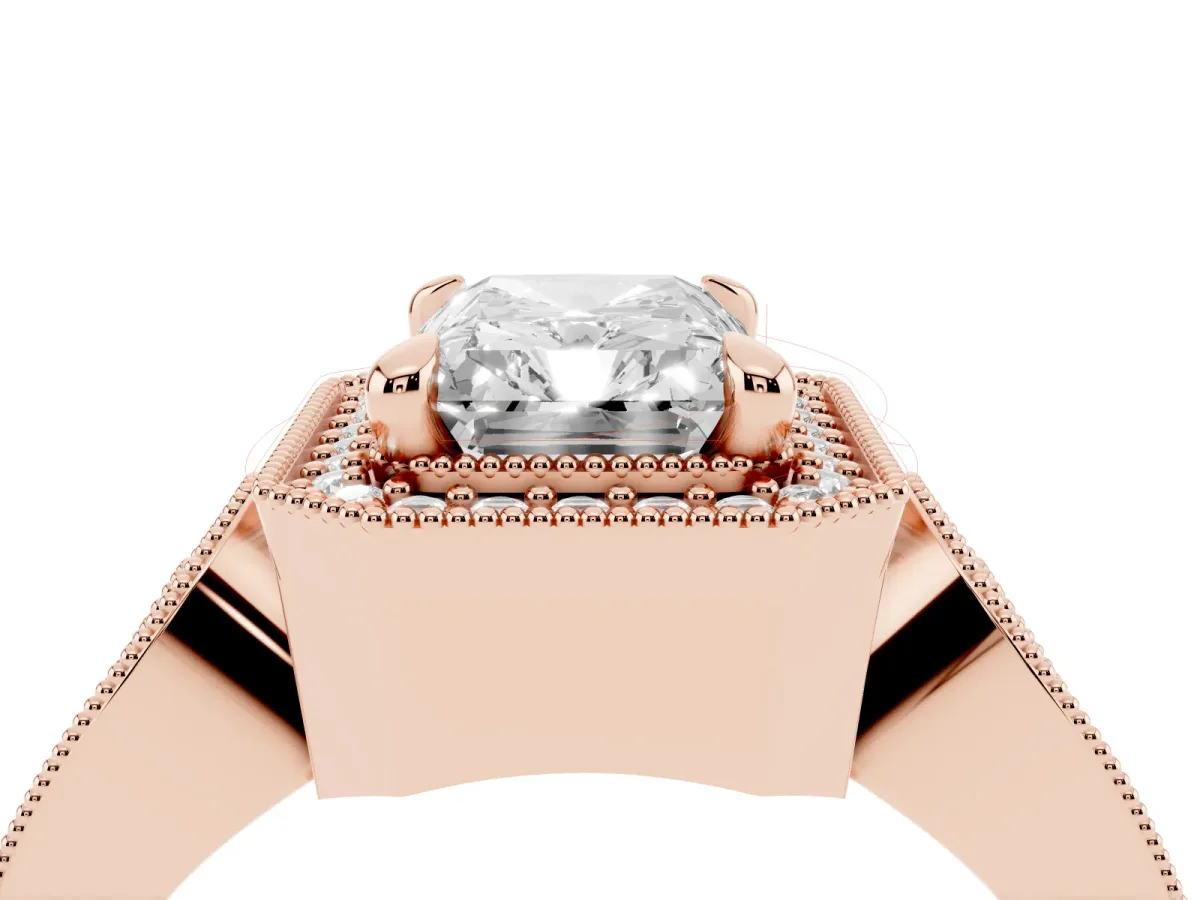 Radiant Cut Halo Split Shank Milgrain Diamond Ring Rose gold