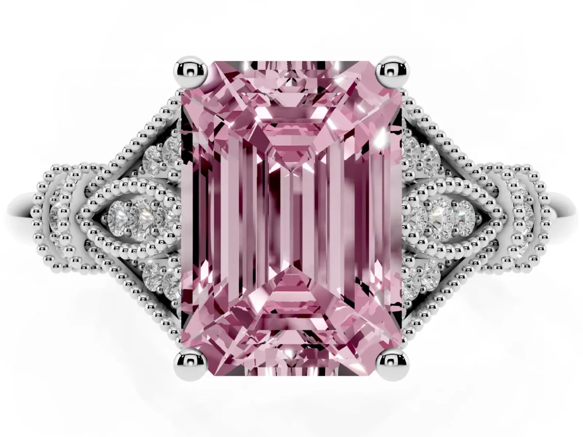 Fancy Pink Emerald Cut Diamond Solitaire Ring with Floral Filigree and Pave Accents White gold