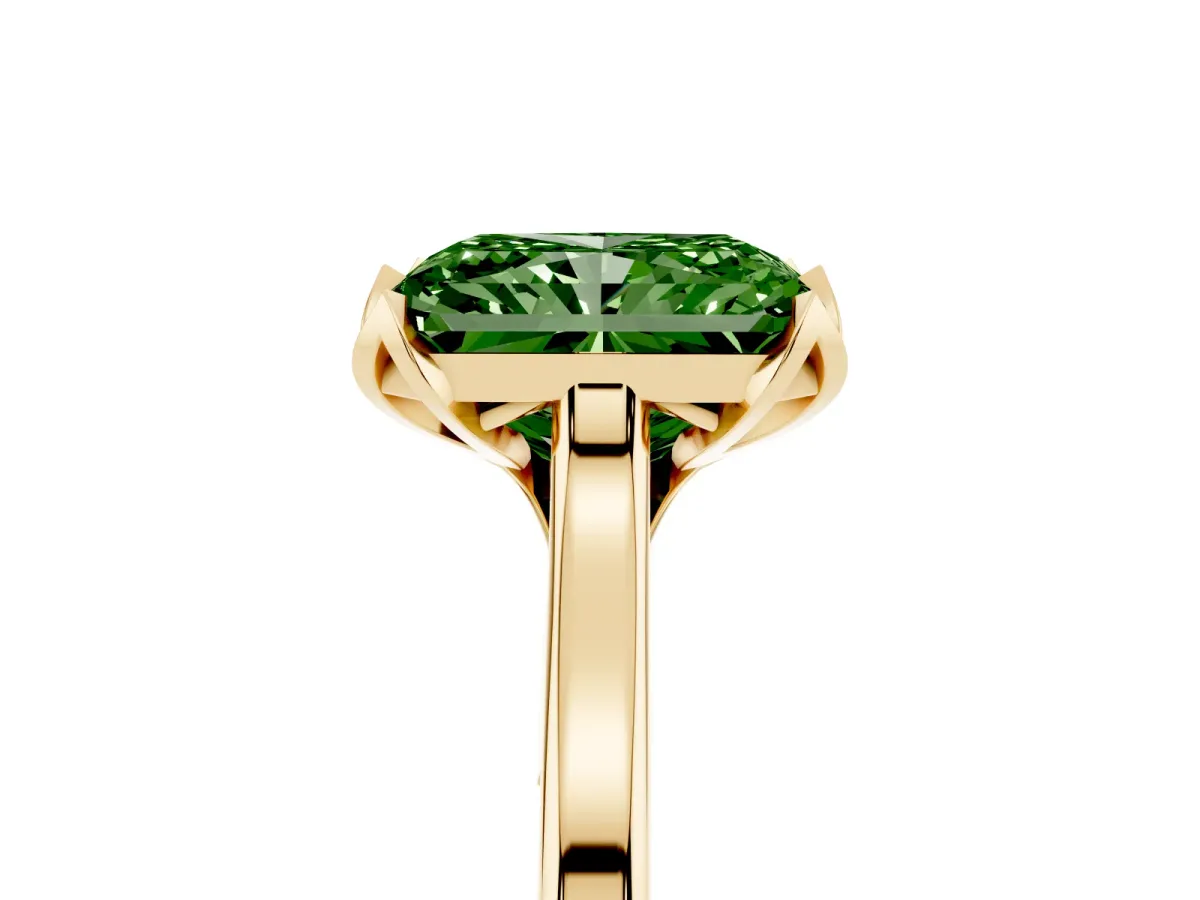 Fancy Green Radiant Cut Diamond Solitaire Ring with Flower Prong Setting and Classic Band Yellow gold