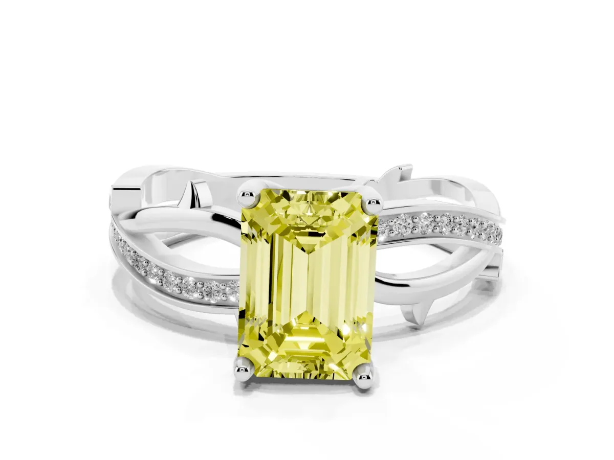 Fancy Yellow Emerald Cut Solitaire Twist Band with Pavé Accents and Four-Prong Setting Platinum
