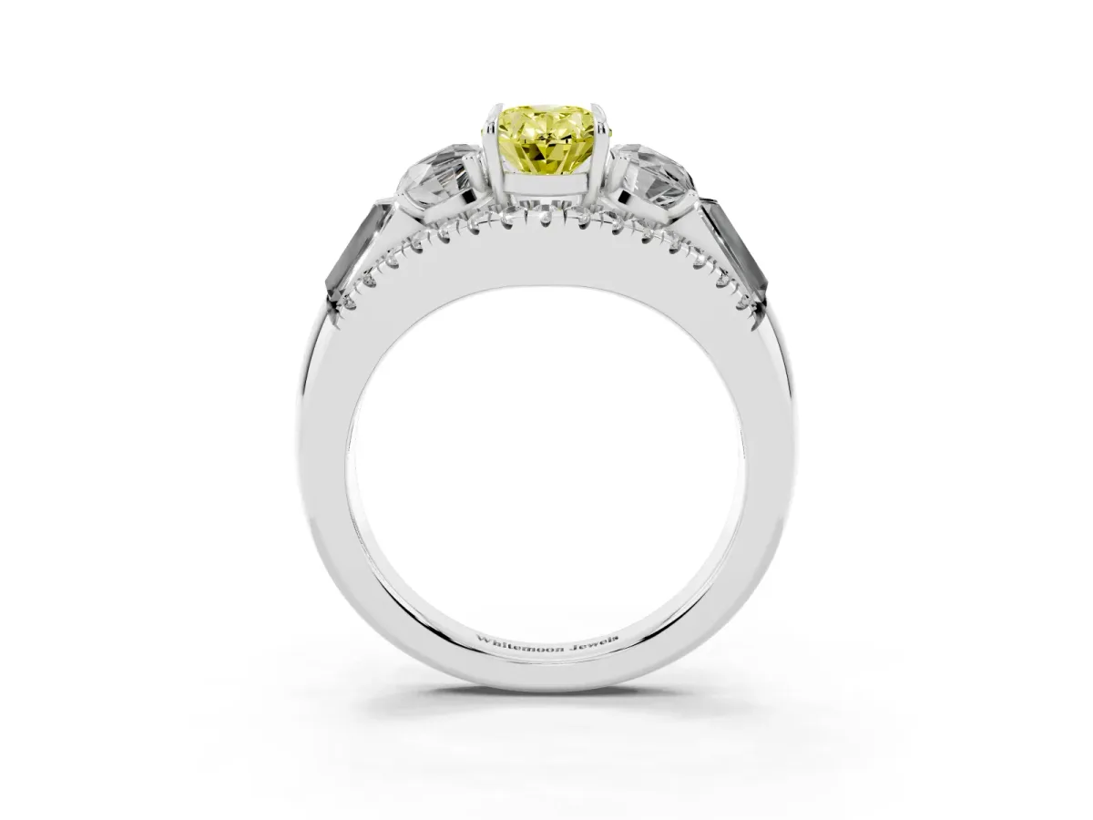 Fancy Yellow Three-Stone Oval Cut Diamond Engagement Ring with Pave Band and Prong Setting Silver