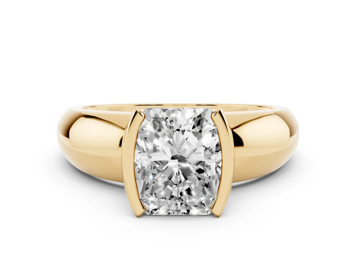 Radiant Cut Solitaire Tension Set Diamond Ring with Wide Band Yellow gold