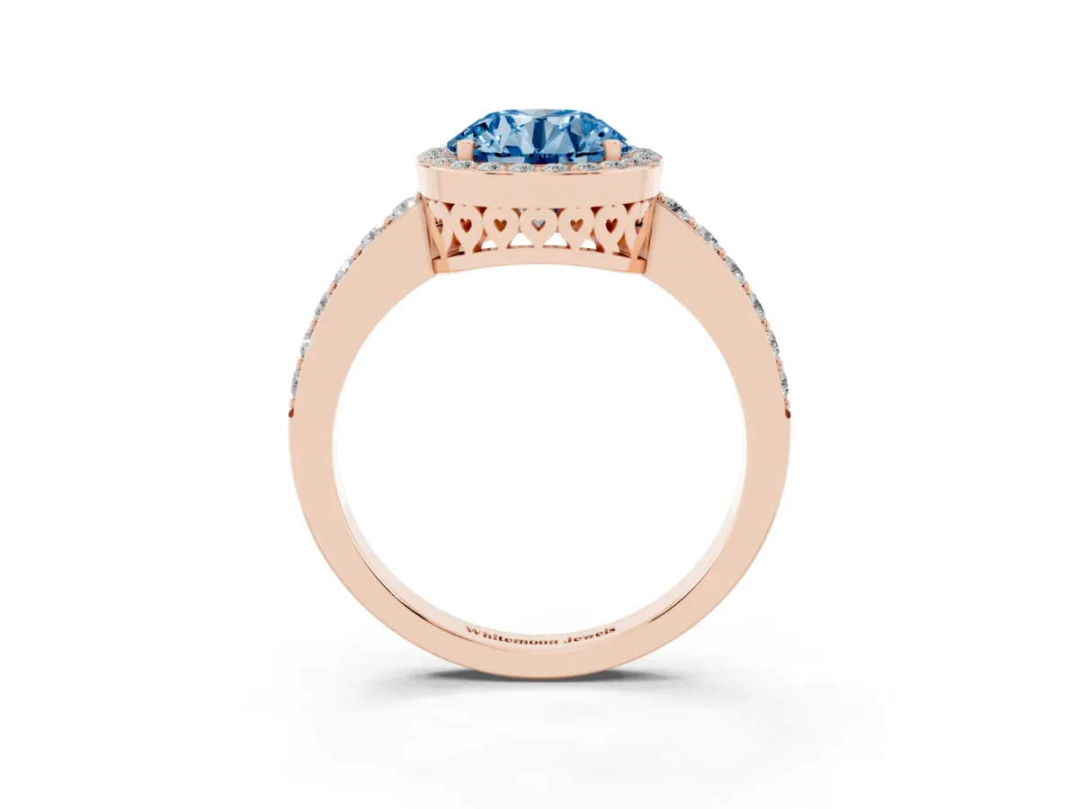 Fancy Blue Round Cut Halo Diamond Pavé Band Ring with Prong Setting Rose gold