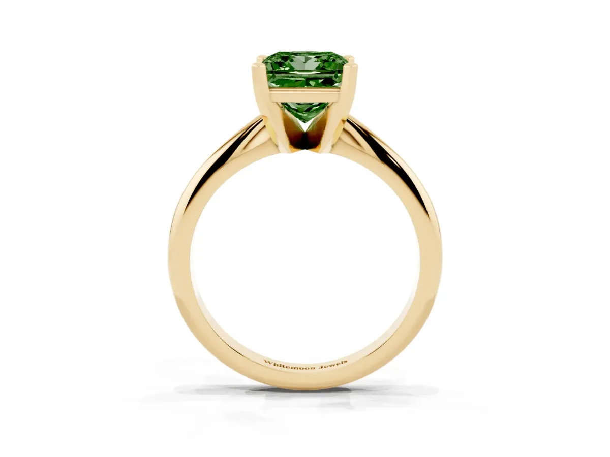 Fancy Green Princess Cut Cut Solitaire Ring with Four-Prong Setting on a Classic Band Yellow gold