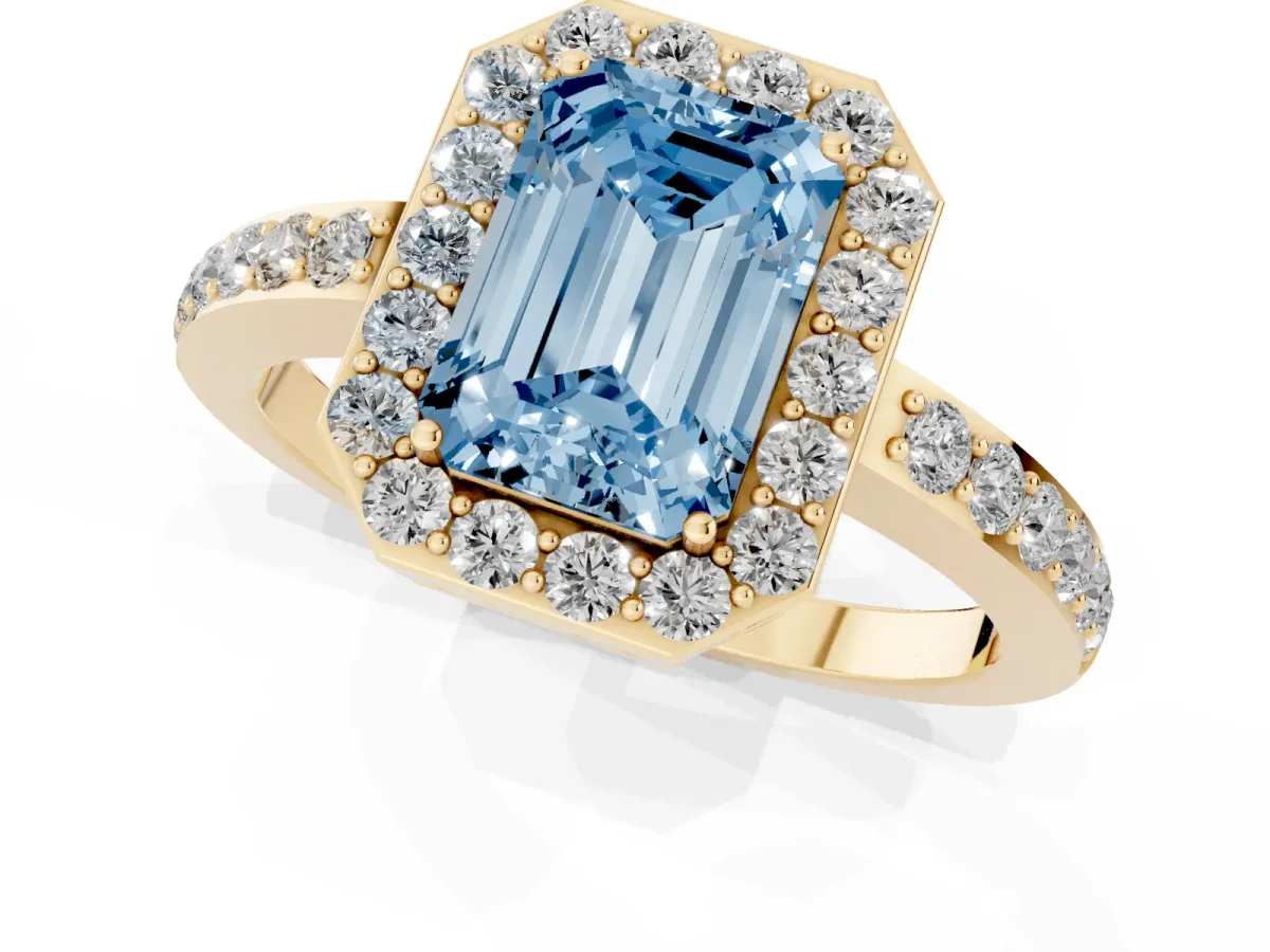 Fancy Blue Emerald Cut Halo Diamond Pavé Band Ring with Prong Setting Yellow gold