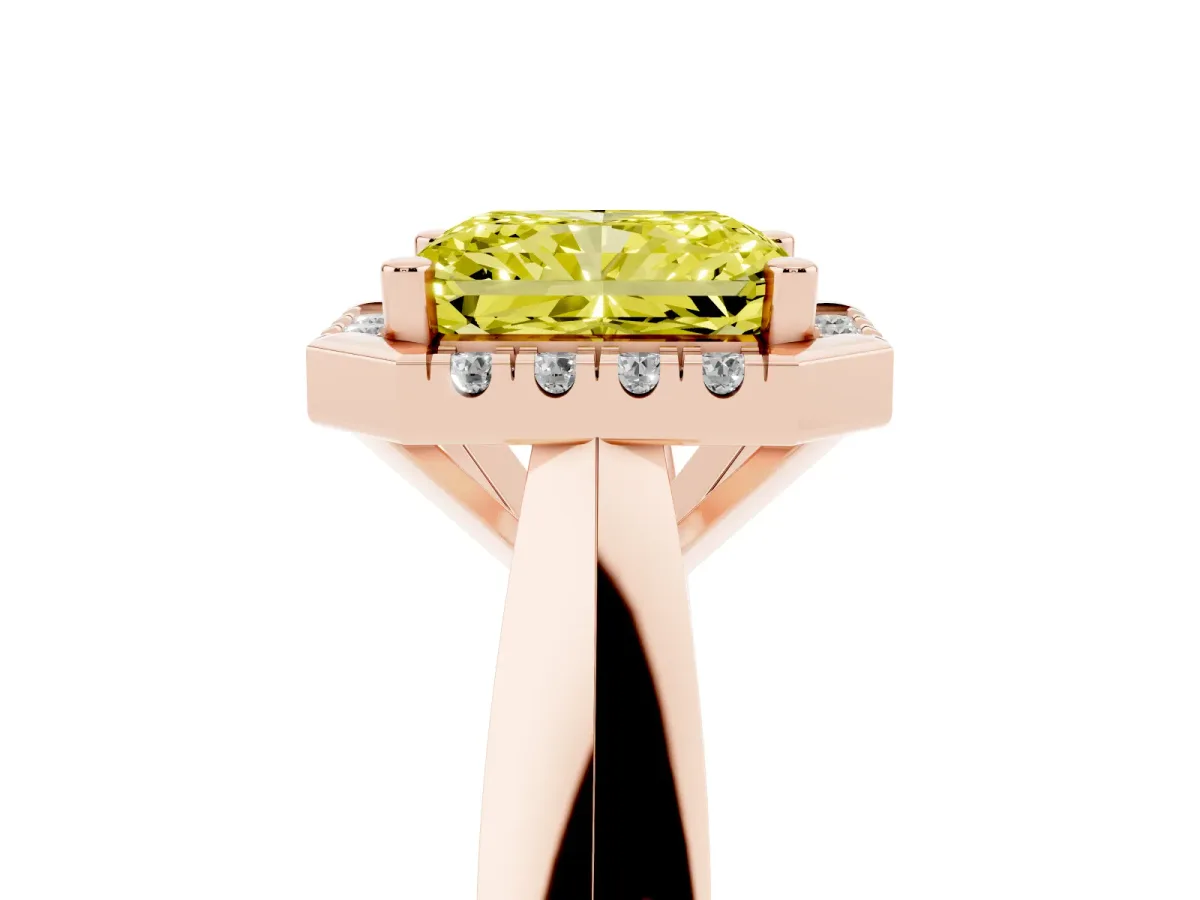 Fancy Yellow Radiant Cut Cut Halo Solitaire Engagement Ring with Square Band and Four-Prong Setting Rose gold