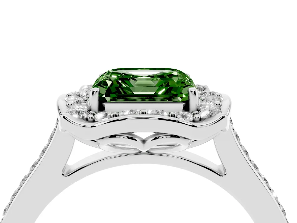 Fancy Green Asscher Cut Halo Round Diamond Pave Band with Four-Prong Setting White gold