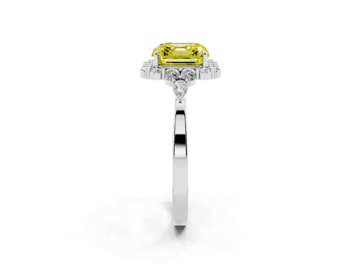 Fancy Yellow Asscher Cut Diamond Halo Ring with Pear Side Stones and Prong Setting Silver