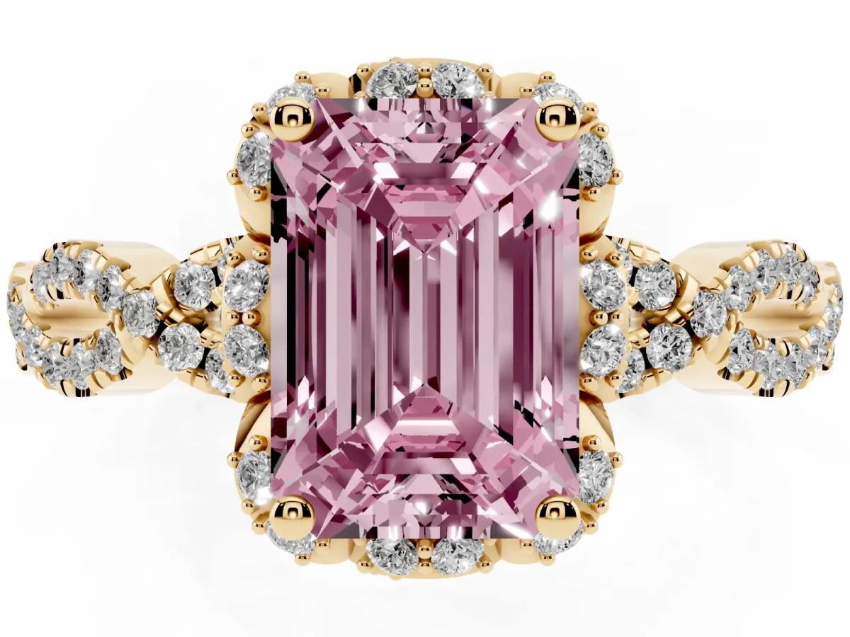 Fancy Pink Emerald Cut Halo Twist Band Solitaire Ring with Six-Prong Setting Yellow gold
