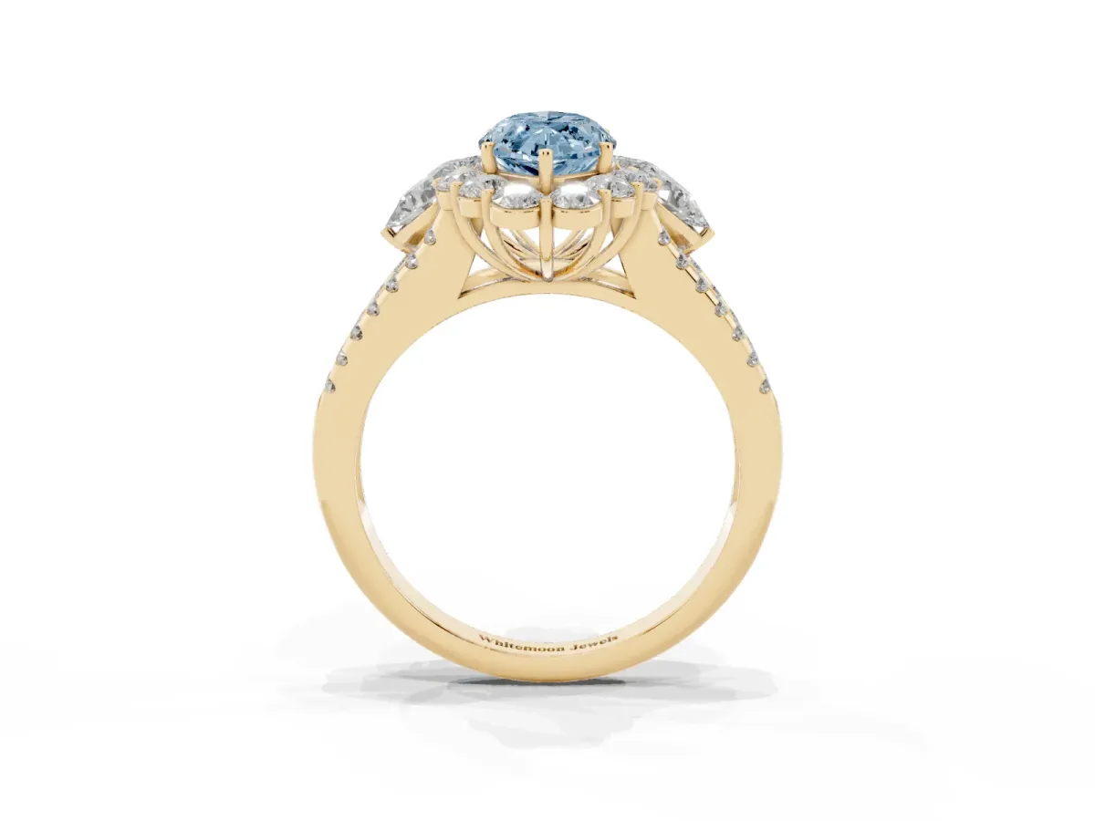 Fancy Blue Marquise Cut Halo Split Shank Diamond Engagement Ring with Prong Setting Yellow gold