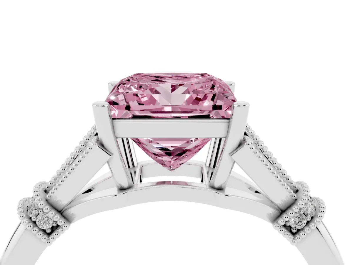 Fancy Pink Princess Cut Diamond Solitaire Ring with Floral Filigree and Pave Accents White gold