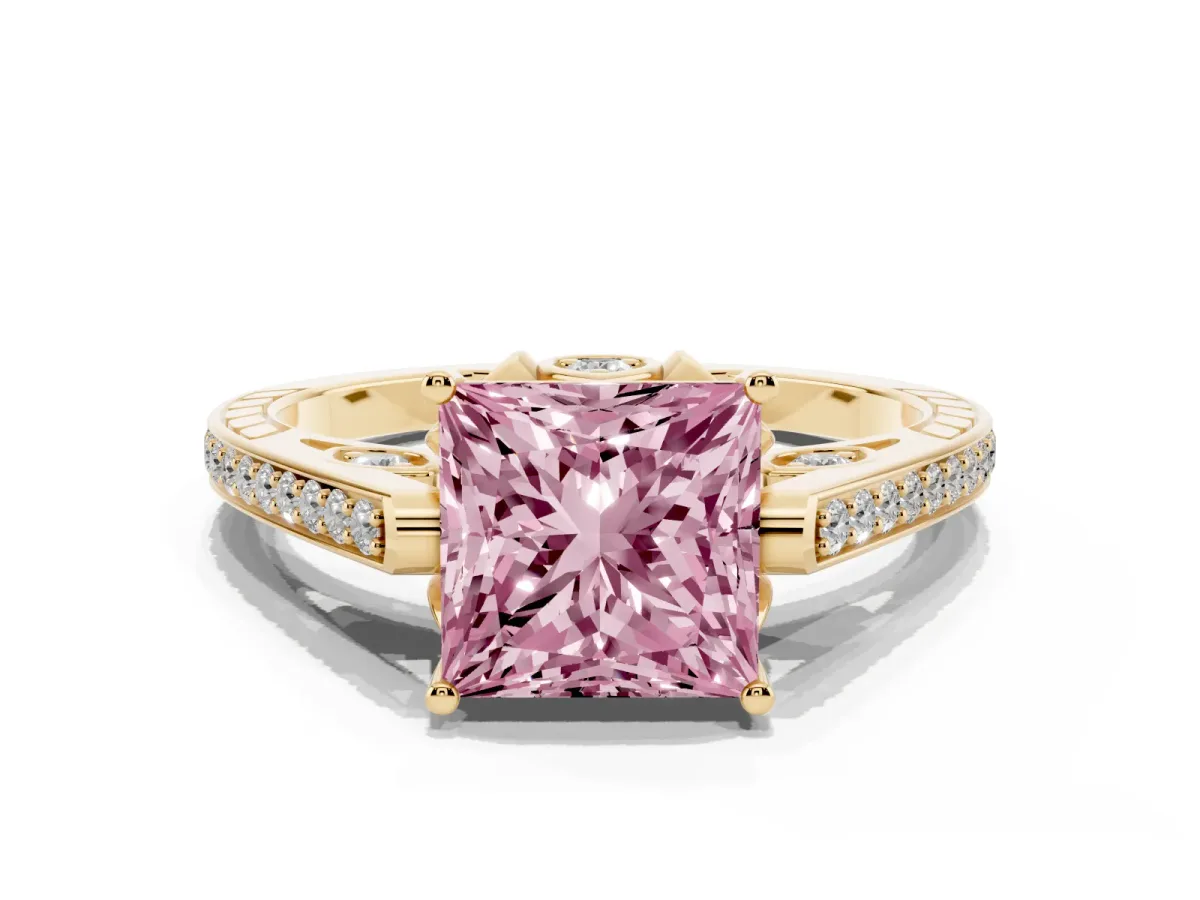 Fancy Pink Princess Cut Cut Cathedral Pave Diamond Engagement Ring with Six-Prong Setting Yellow gold