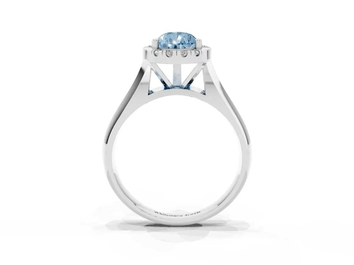 Fancy Blue Pear Cut Cut Halo Solitaire Engagement Ring with Square Band and Four-Prong Setting Platinum
