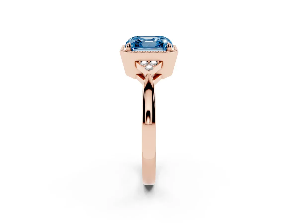 Fancy Blue Hexagonal Halo Asscher Cut Diamond Solitaire with Pavé Band and Four-Prong Setting Rose gold