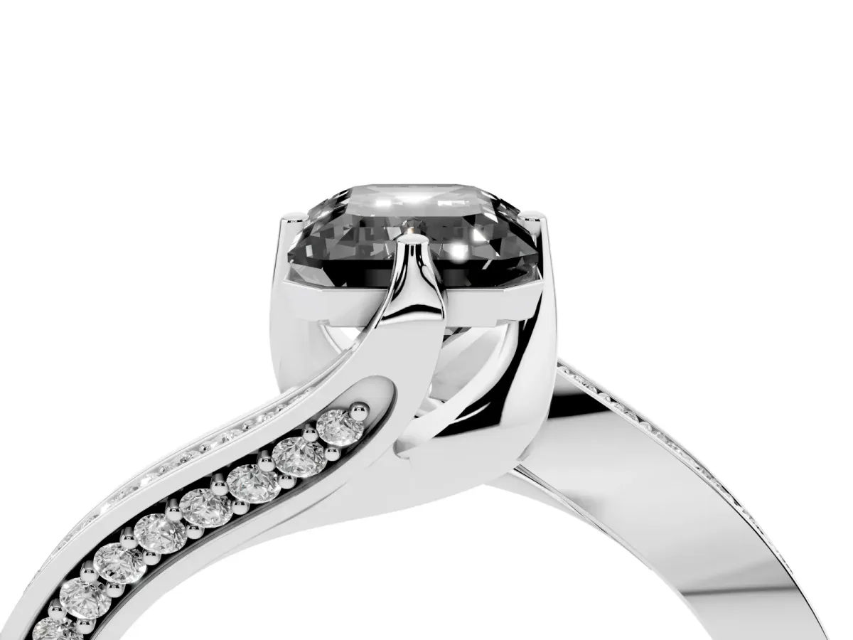 Fancy Black Emerald Cut Solitaire Diamond Twist Band with Pavé Setting and Four-Prong Setting Silver