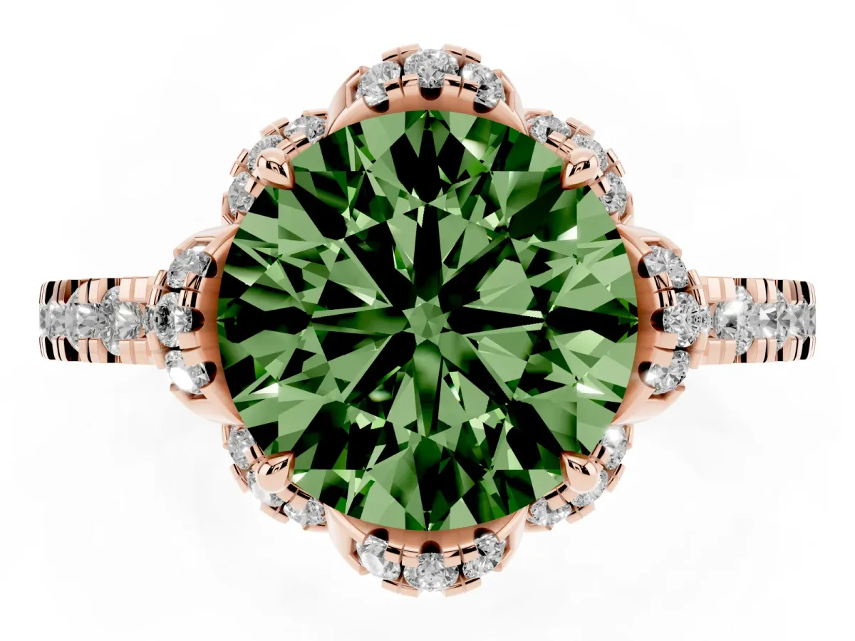 Fancy Green Round Cut Diamond Halo Pave Band with Four-Prong Setting Rose gold