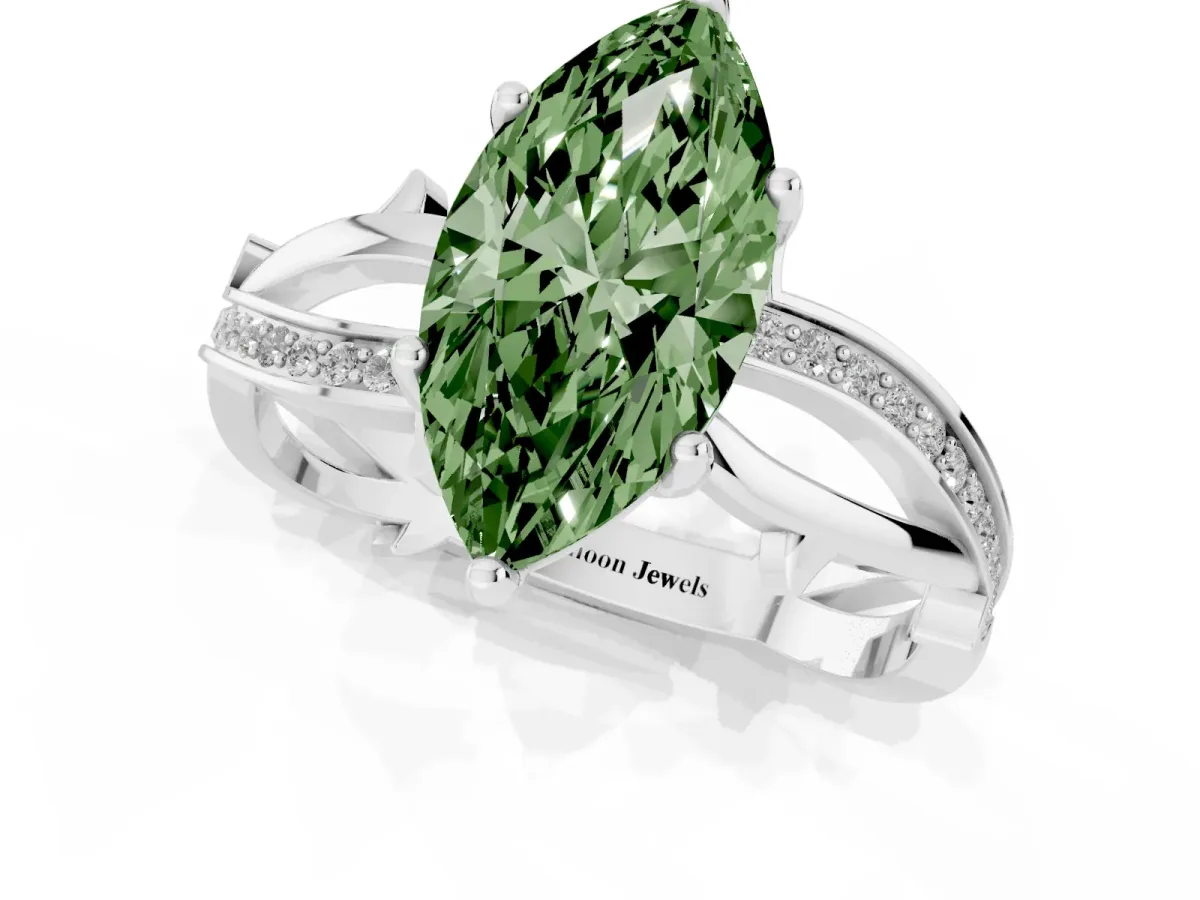 Fancy Green Marquise Cut Solitaire Twist Band with Pavé Accents and Four-Prong Setting White gold