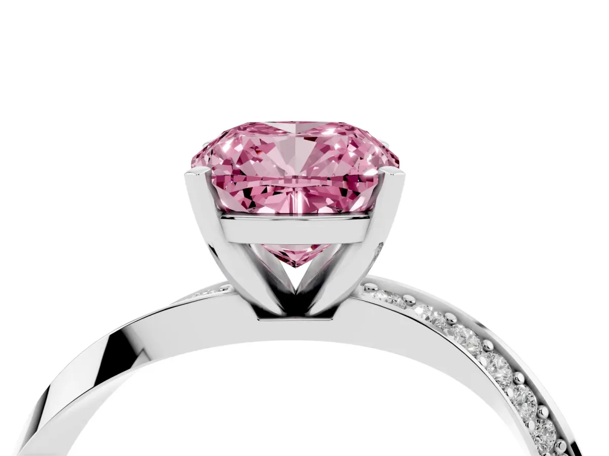 Fancy Pink Cushion Cut Diamond Engagement Ring with Side Stone Accents and Four-Prong Setting Platinum
