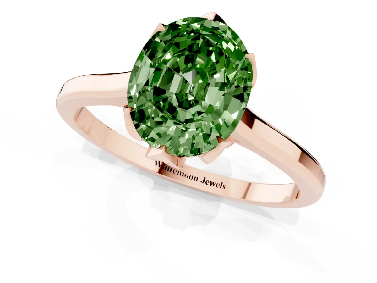 Fancy Green Oval Cut Diamond Solitaire Ring with Flower Prong Setting and Classic Band Rose gold
