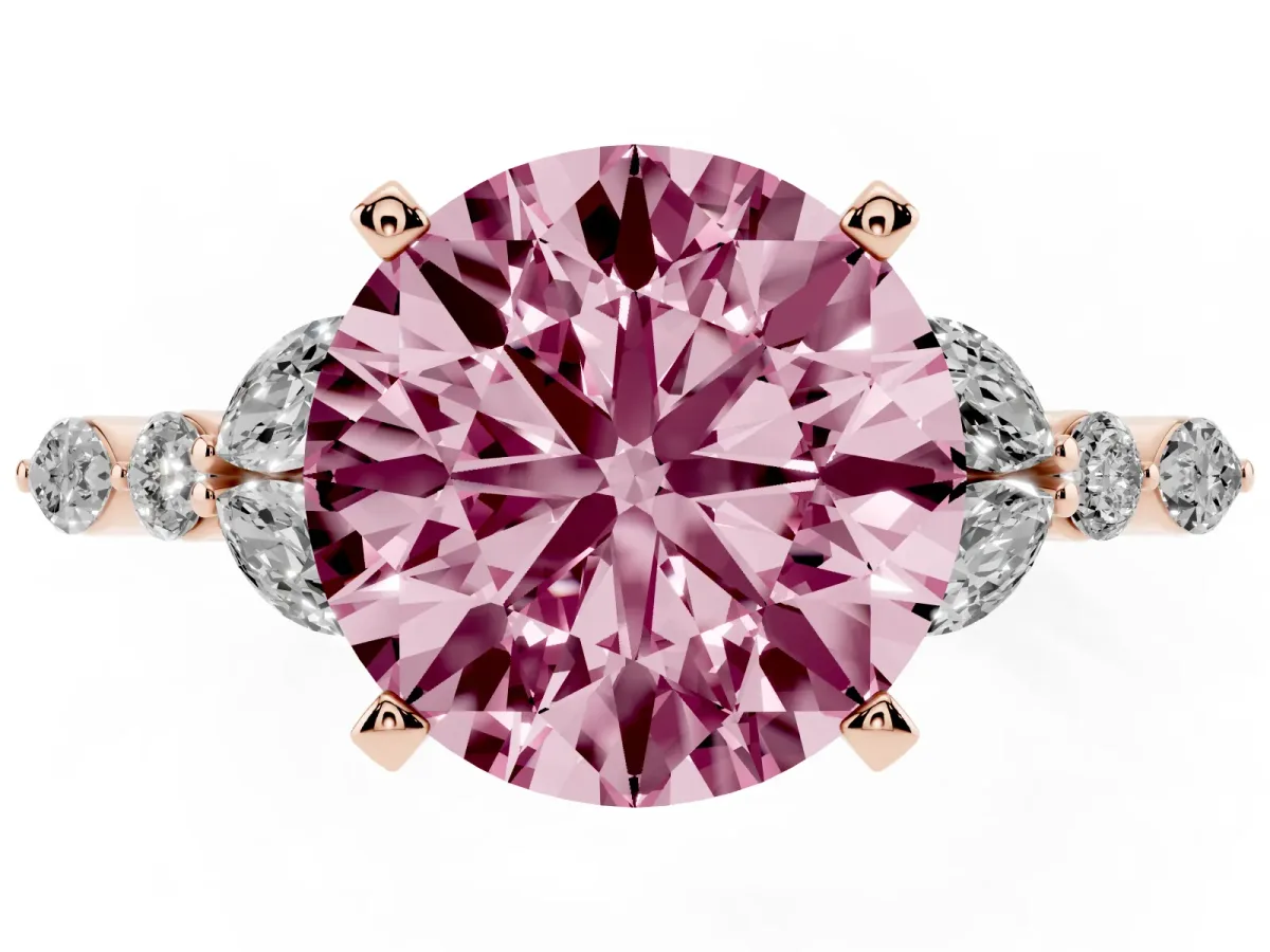 Fancy Pink Round Cut Diamond Solitaire Ring with Side Stones and Four-Prong Setting Rose gold