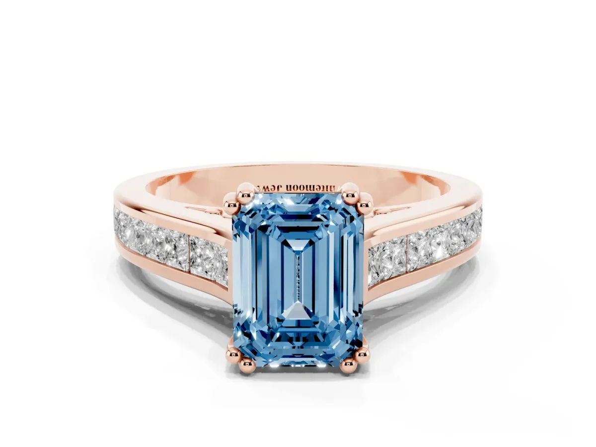 Fancy Blue Emerald Cut Cut Channel Set Solitaire Engagement Ring with Prong Setting Rose gold