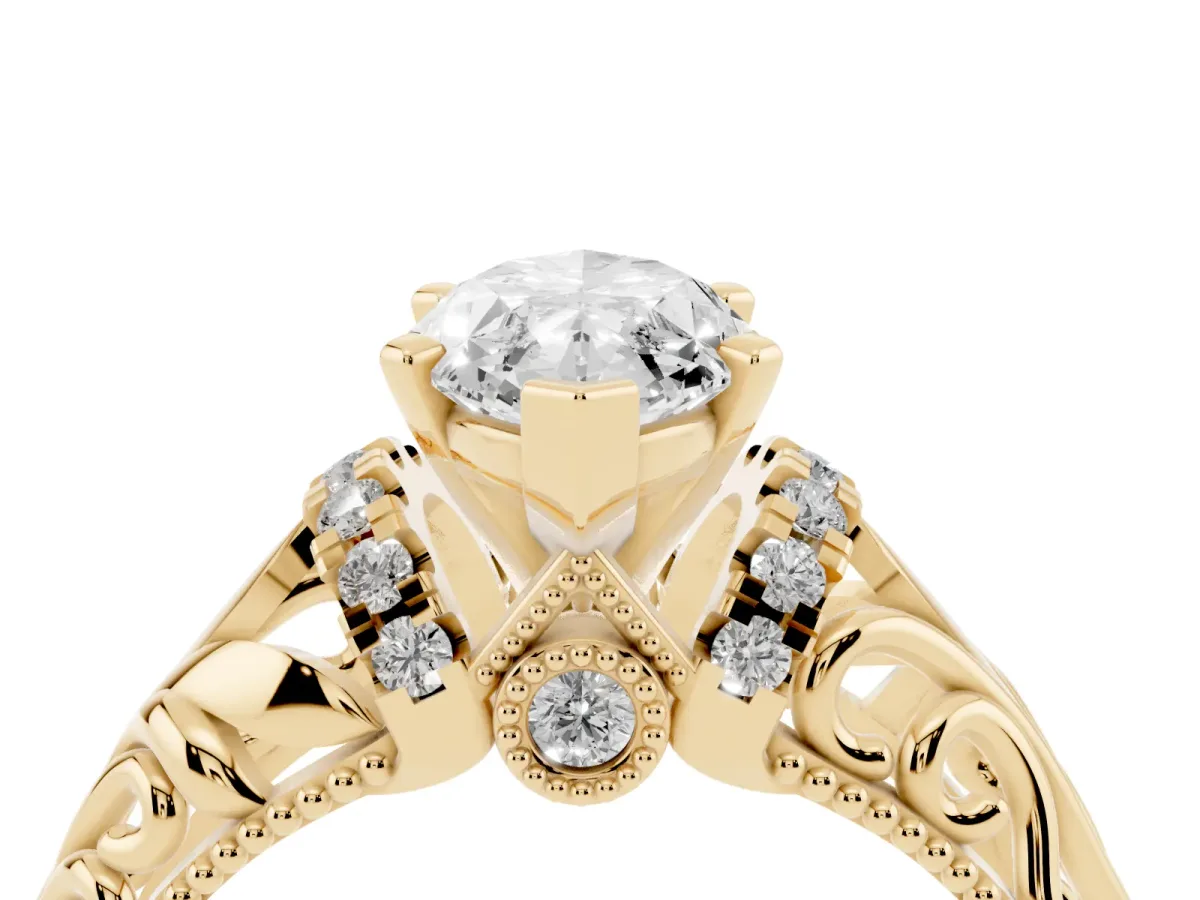 Marquise Cut Solitaire Filigree Engagement Ring with Halo and Prong Setting Yellow gold