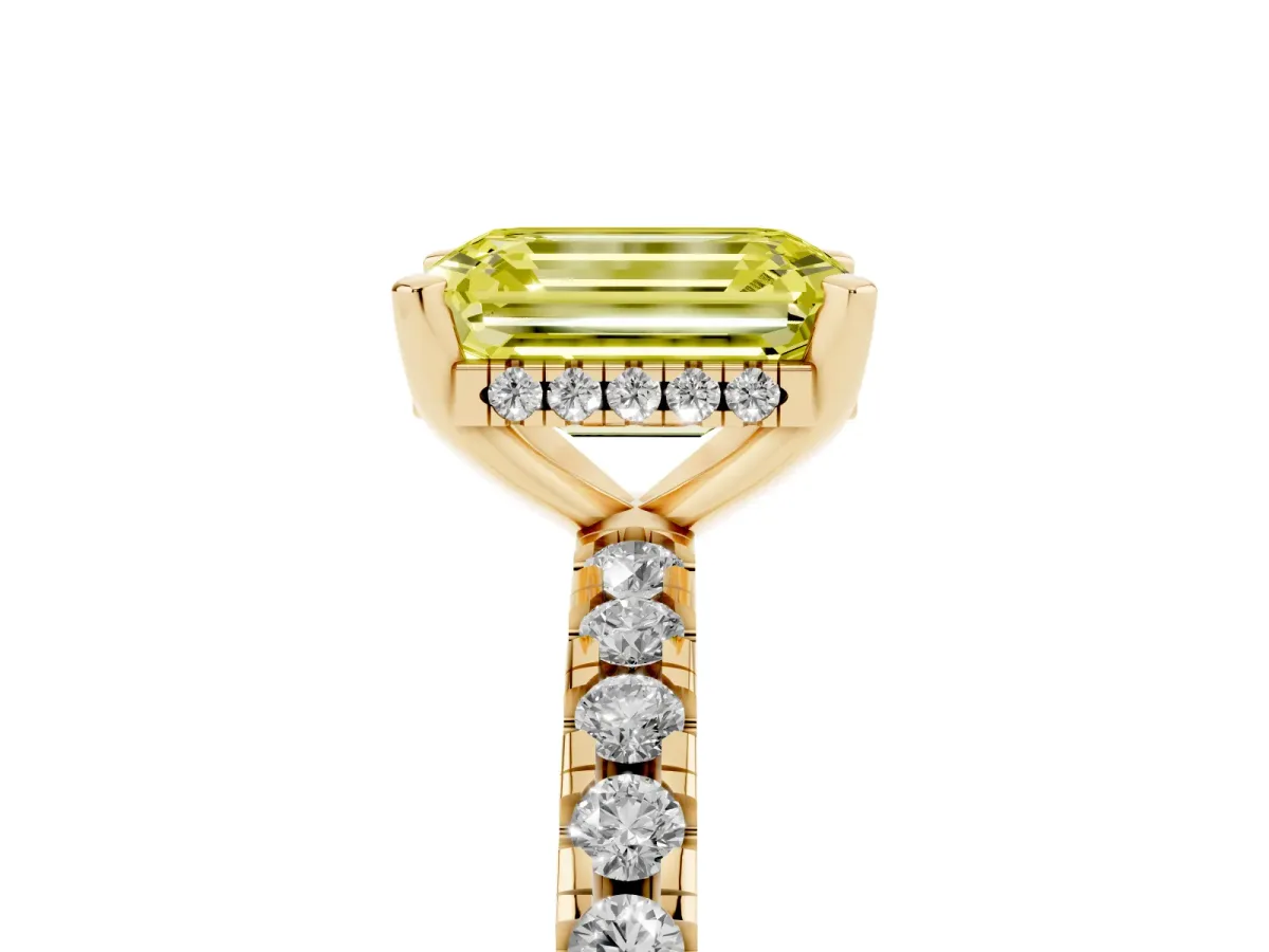 Fancy Yellow Emerald Cut Diamond Solitaire Ring with Round Pavé Band and Four-Prong Setting Yellow gold