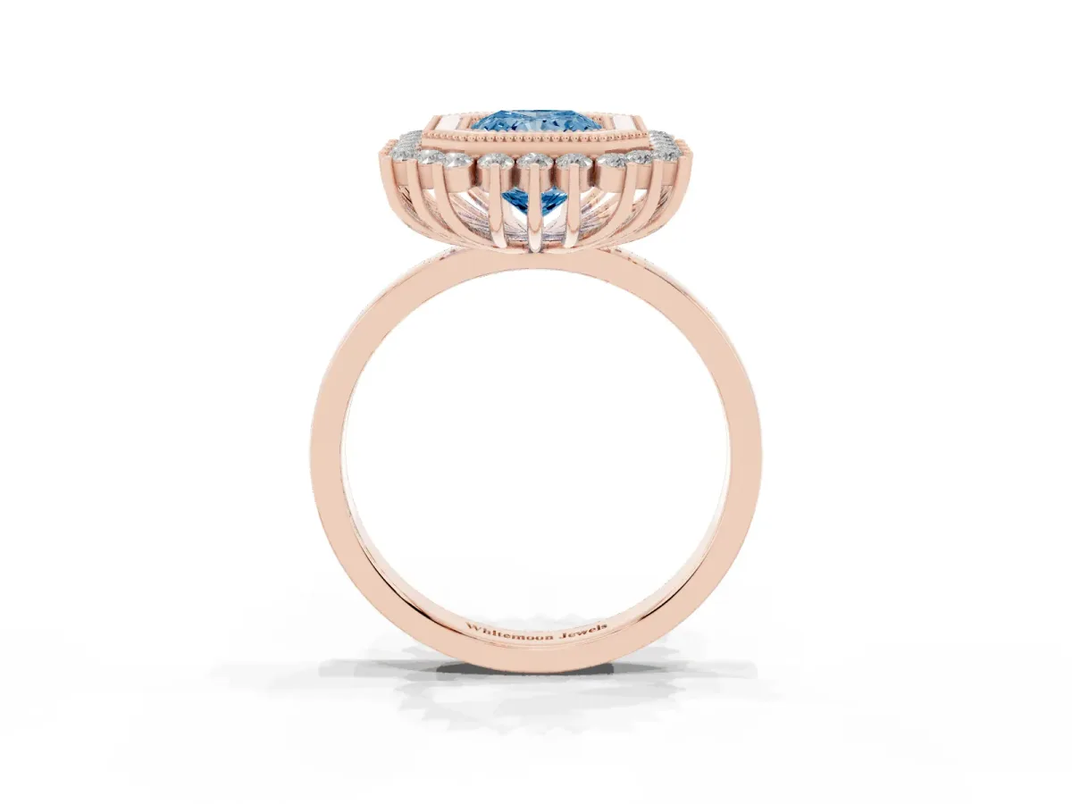 Fancy Blue Radiant Cut Halo Diamond Ring with Milgrain Edge and Round Prong Setting Rose gold