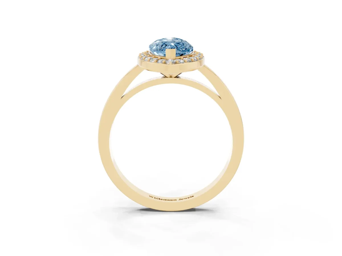 Fancy Blue Marquise Cut Halo Diamond Ring with Solitaire Band and Prong Setting Yellow gold