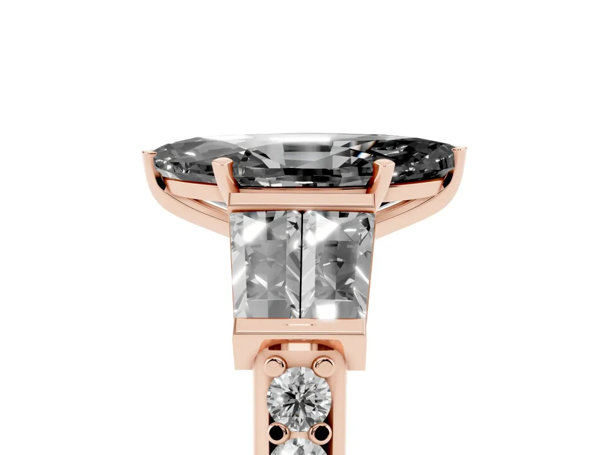 Fancy Black Marquise Cut Diamond Engagement Ring with Baguette Side Stones and Channel Set Band Rose gold