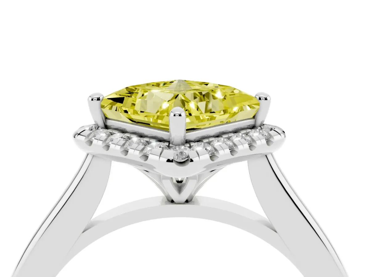 Fancy Yellow Princess Cut Halo Round Diamond Solitaire Engagement Ring with Pave Band and Four-Prong Setting Silver