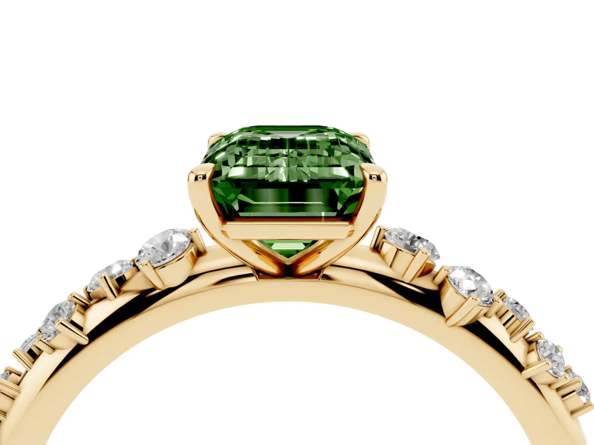 Fancy Green Emerald Cut Diamond Cluster Prong-Set Solitaire Ring Yellow gold