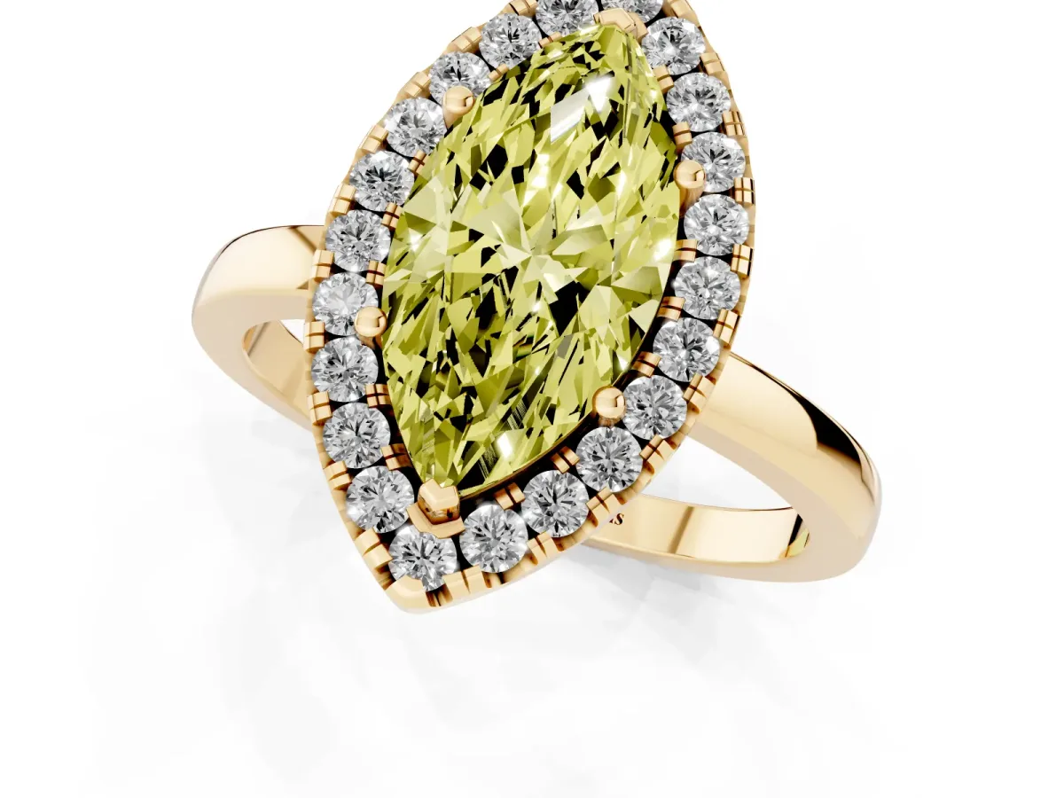 Fancy Yellow Marquise Cut Halo Diamond Solitaire with Pavé Band and Four-Prong Setting Yellow gold