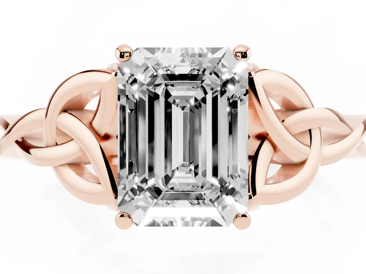 Emerald Cut Diamond Solitaire Engagement Ring with Celtic Knot Band and Four-Prong Setting Rose gold