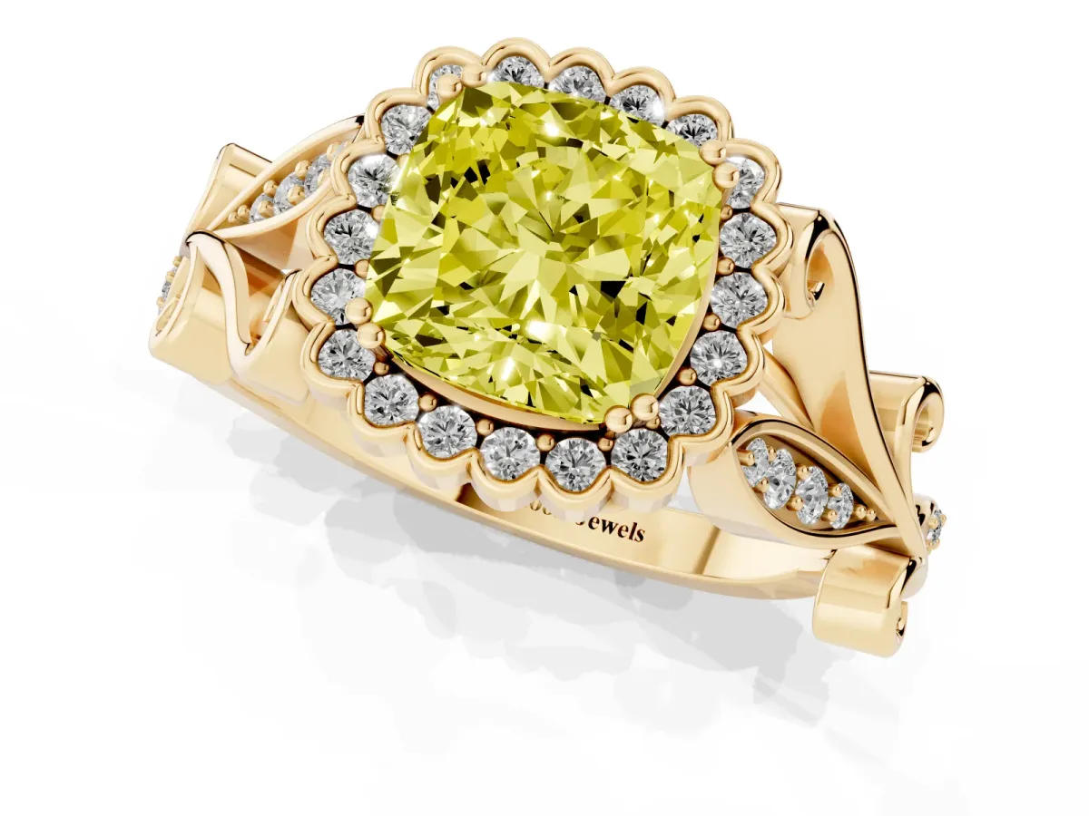 Fancy Yellow Cushion Cut Diamond Halo Ring with Vintage Split Shank and Four-Prong Setting Yellow gold