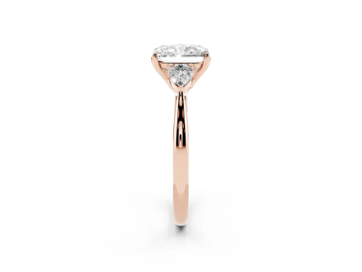Three-Stone Radiant Cut Brilliant Diamond Solitaire Ring with Tapered Band and Four-Prong Setting Rose gold