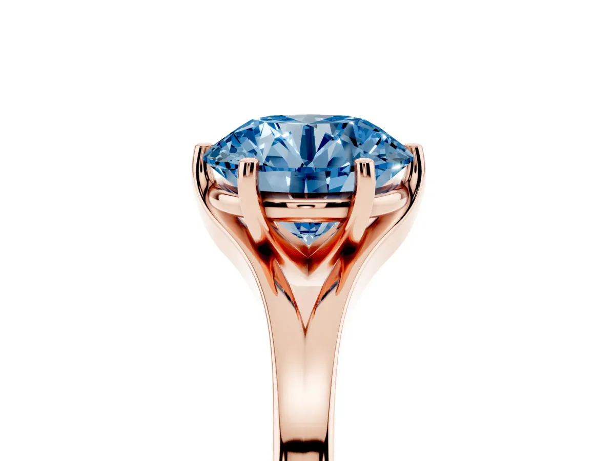 Fancy Blue Round Cut Solitaire Diamond Ring with Six-Prong Setting and Tapered Band Rose gold
