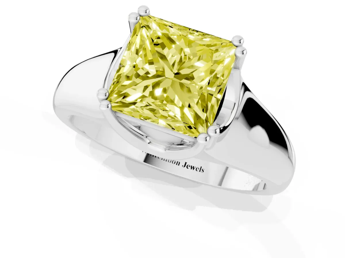 Fancy Yellow Princess Cut Diamond Solitaire Ring with Wide Band and Prong Setting Platinum