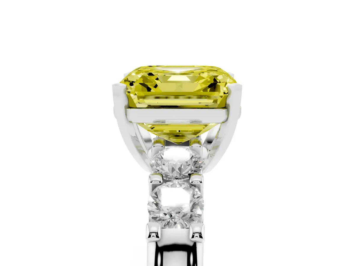 Fancy Yellow Asscher Cut Brilliant Cut Diamond Five-Stone Prong Set Engagement Ring with Channel Band Platinum
