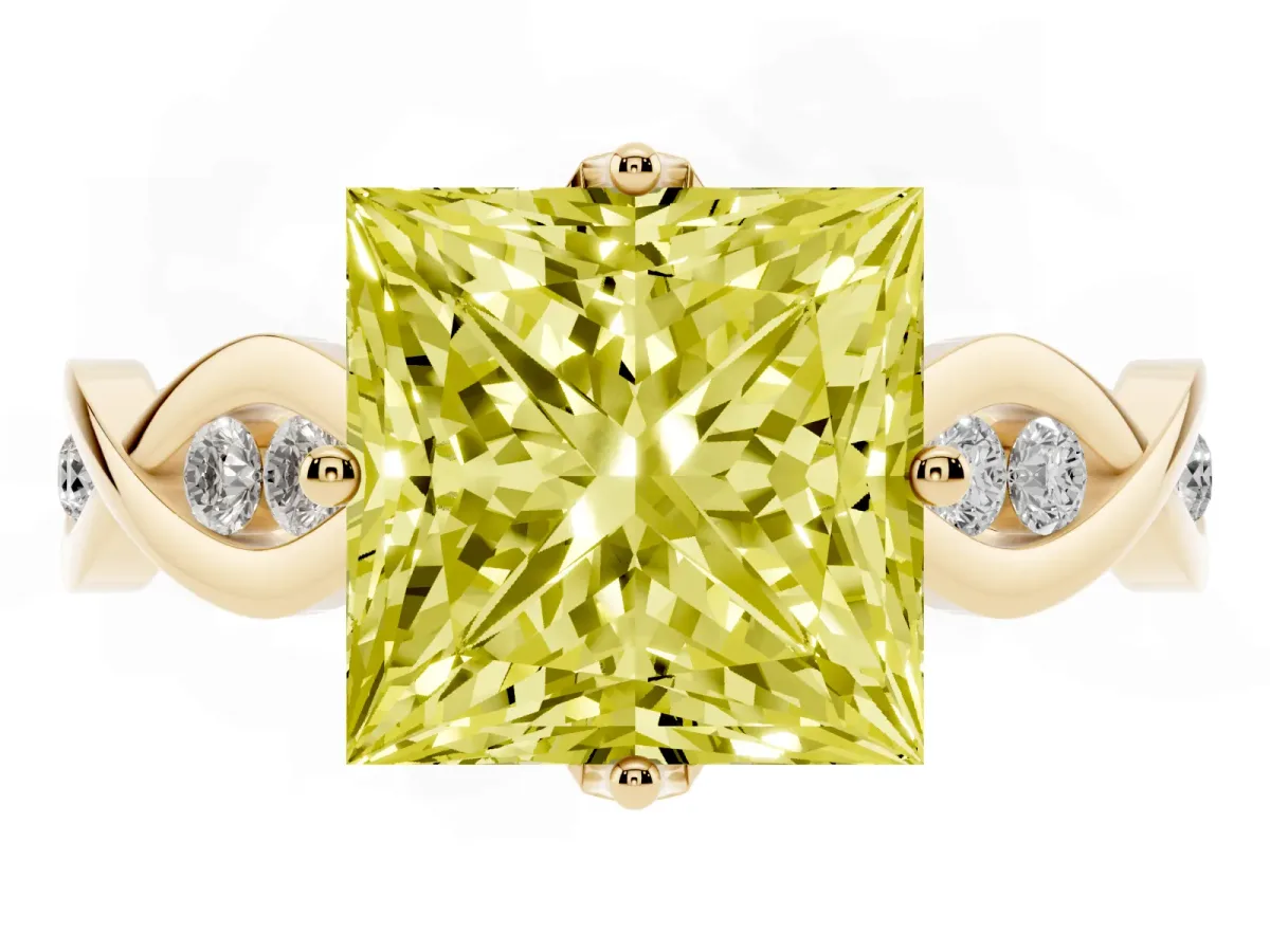 Fancy Yellow Princess Cut Solitaire Twist Band with Leaf Prong Setting Yellow gold