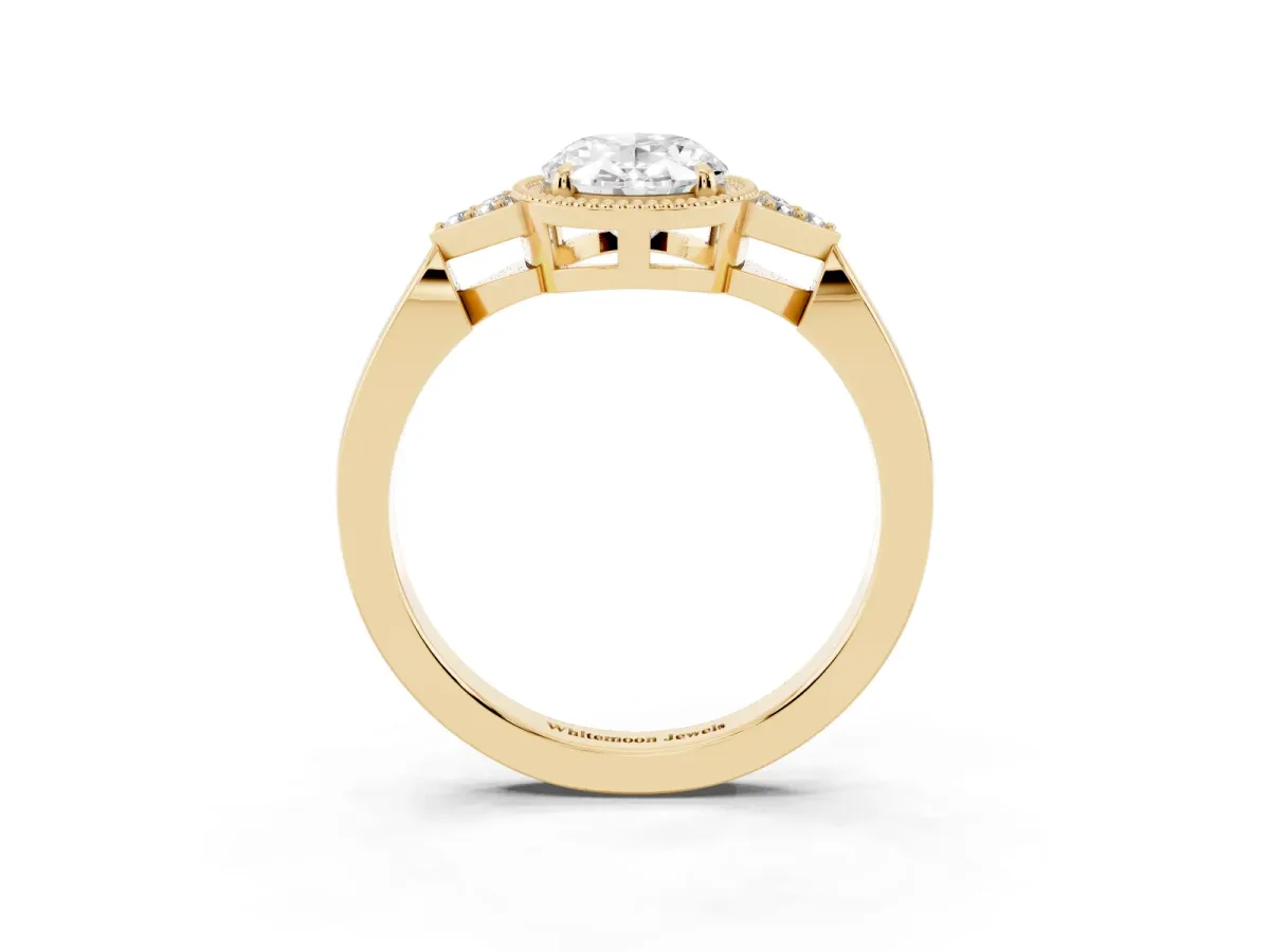 Hexagonal Halo Oval Cut Diamond Solitaire with Pavé Band and Four-Prong Setting Yellow gold