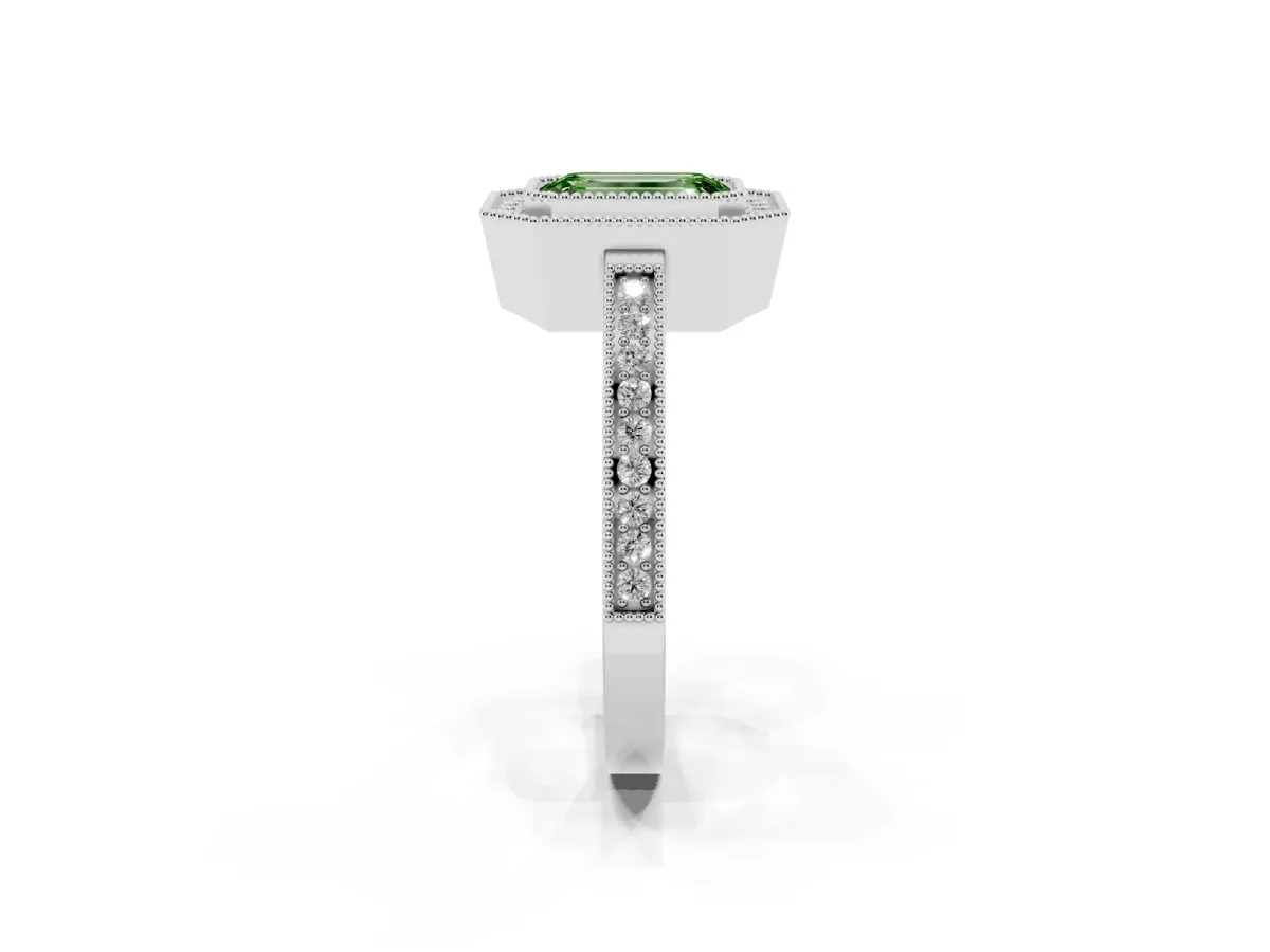 Fancy Green Emerald Cut Cut Halo Diamond Ring with Pavé Band and Milgrain Prong Setting White gold