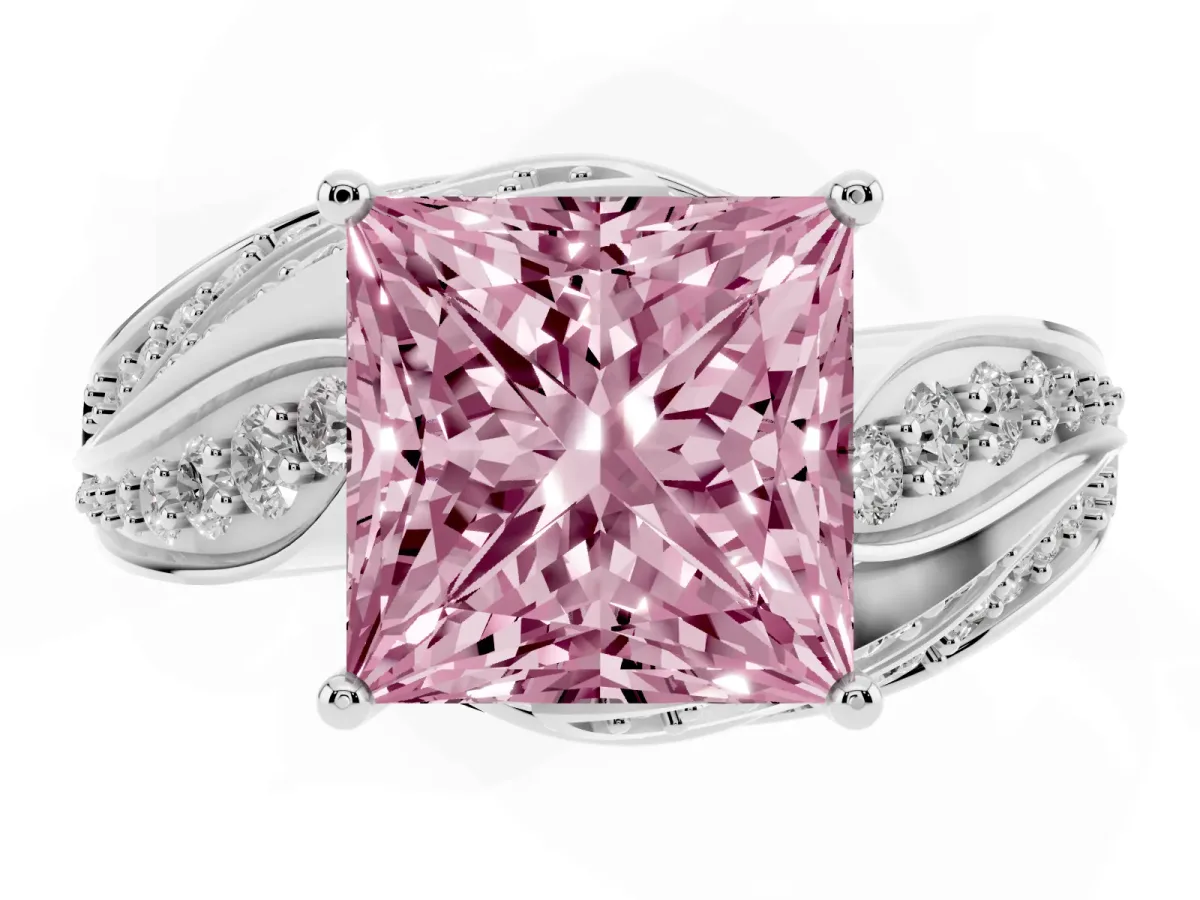 Fancy Pink Princess Cut Diamond Solitaire Ring with Prong Setting and Twisted Pavé Band Silver