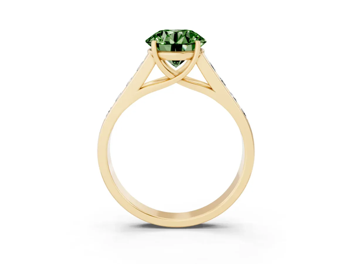 Fancy Green Round Cut Solitaire Channel-Set Diamond Engagement Ring with Four-Prong Setting Yellow gold